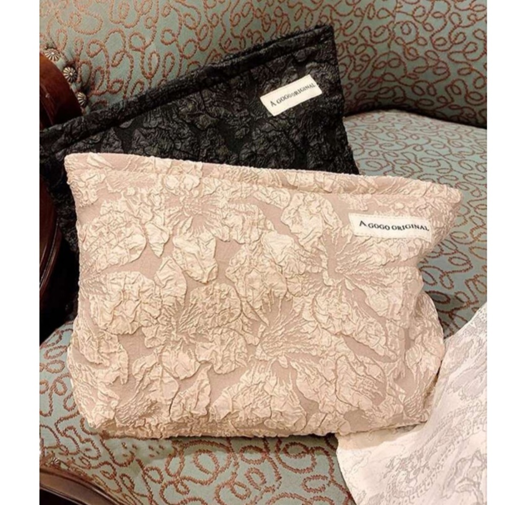 Textured Floral Print Makeup Bag Embossed, Jacquard-Style Floral Pattern Taupe - Picture 8 of 8